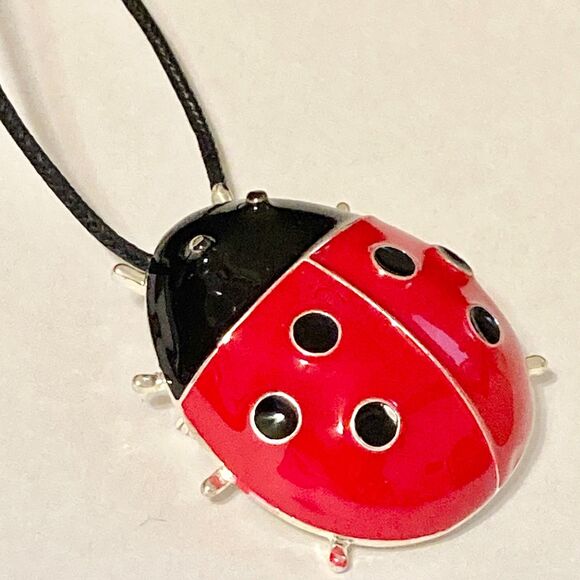 Red Ladybug Pin Brooch Pendant Necklace Enamel 22" Black Cord Insect Bug Big - Picture 7 of 12